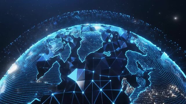 A futuristic digital illustration of a blue glowing globe with interconnected lines and nodes on a dark background with stars.