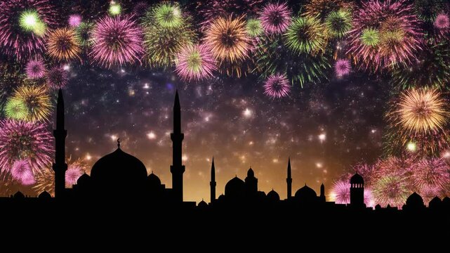 Night Skyline With Fireworks Over Silhouetted Mosque.