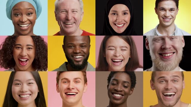 A vibrant collage displays diverse individuals joyfully smiling, showcasing a range of emotions. Each portrait captures the unique essence of happiness against bright backgrounds.