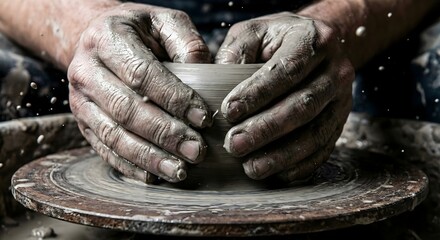 Macro of hands shaping wet clay on a pottery wheel with water splashes