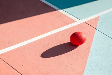Red Pomelo Sphere with Geometric Shadow on Pastel Background