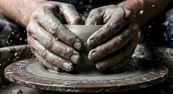 Macro of hands shaping wet clay on a pottery wheel with water splashes - Powered by Adobe