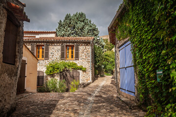 Cobblestone street and stone houses with ivy in a French village in provence, in Collobrieres. The rustic scene features historic architecture, a blue door, and climbing plants.