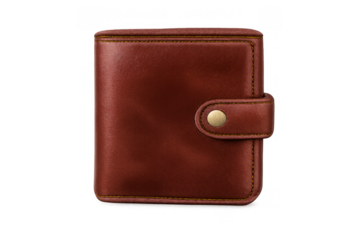 Brown leather wallet with button closure, representing finance, money spending, personal budgeting, and payment methods on a transparent background