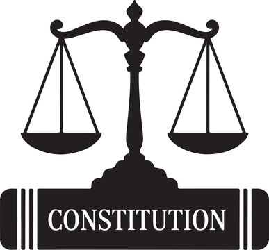Scales of justice resting on a scroll labeled constitution concept for law