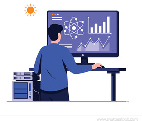 Data scientist or researcher working at desk analyzing complex technical graphs and atomic symbols on large computer monitor