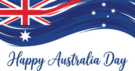 Happy Australia day greeting banner with wavy national flag border on transparent grid background