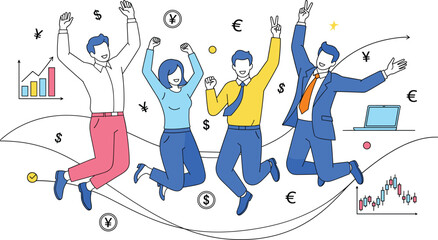 Happy business people team jumping for joy celebrating financial success with growth charts and international currency symbols vector.