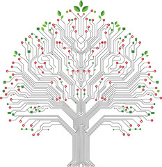 Digital technology tree with circuit board branches and green leaves representing eco friendly innovation and sustainable organic growth.