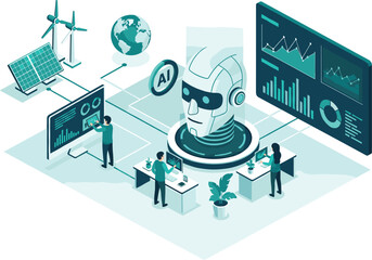 Isometric artificial intelligence control center with robot head monitoring renewable energy solar panels wind turbines and data charts