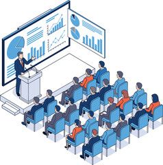 Isometric business presentation with speaker at podium showing data charts on large screen to audience in seminar hall vector.