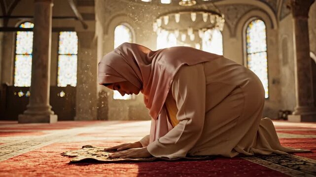 A woman in traditional attire, including a modest head covering, kneels reverently on a richly patterned rug within an elegantly adorned building. Sunlight streams through vibrant stained-glass window