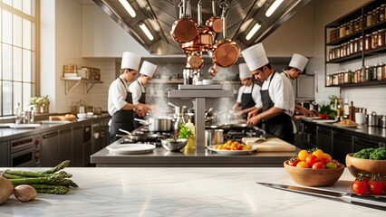 Professional chefs preparing meals in a modern commercial kitchen with fresh ingredients