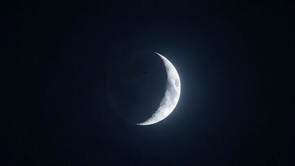 A solitary crescent moon glows against the deep black expanse of a calm, starless night.