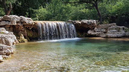 Tranquil waterfall cascading into a pool, surrounded by natural rocks and lush greenery.  Possible use  Relaxation or travel brochure