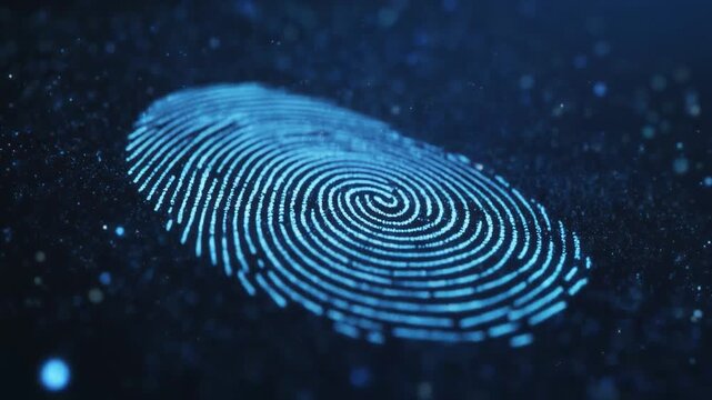 Close-up of a glowing blue fingerprint with a spiral pattern against a dark, speckled background with cinematic lighting.