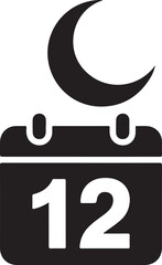 Black silhouette calendar page showing date twelve with crescent moon above for nocturnal scheduling