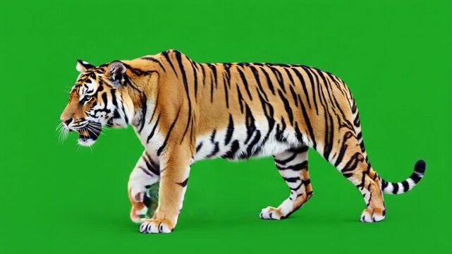 Majestic tiger walking on green screen with confident stride