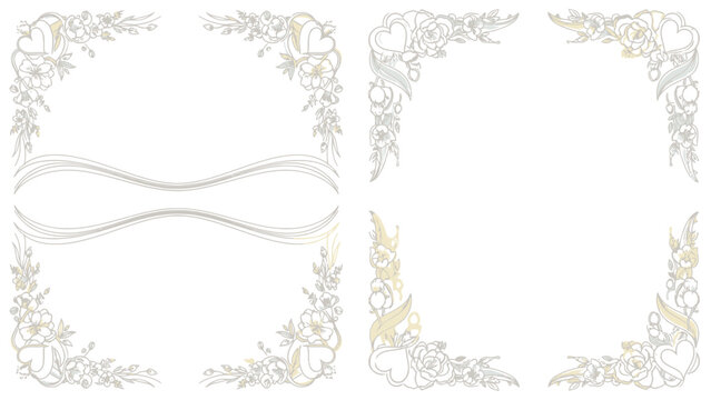 Elegant floral and heart-shaped corner embellishments in gold and silver tones, perfect for invitations and decorative designs.