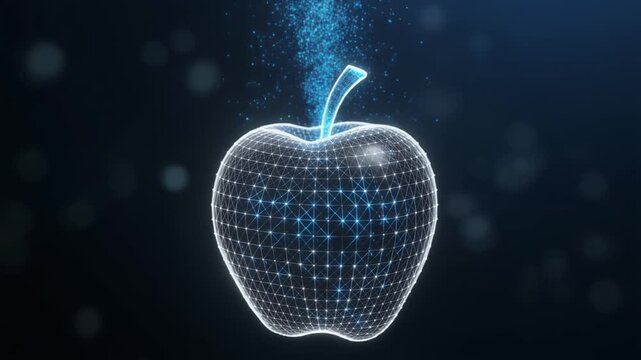 A futuristic digital apple composed of tiny blue and white dots emits a sparkling blue glow on a dark background with scattered light spots.