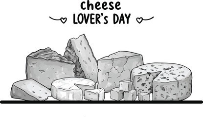 Black and white hand drawn text celebrating cheese lovers day with assortment of dairy