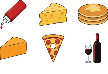 Set of food icons including ketchup cheese pancakes pizza slice and wine bottle with glass graphic