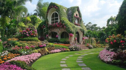 Colorful garden surrounds quaint stone cottage