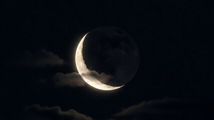 A bright crescent moon glows softly behind wispy dark clouds in a tranquil night sky.