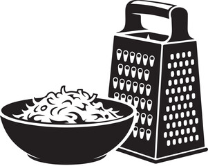 Manual metal cheese grater with bowl full of shredded product silhouette for cooking and preparation