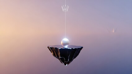 Surreal minimal scene of a floating metallic sphere above a dark abstract rock platform. Soft pastel gradient background creates a calm, futuristic, and premium visual concept.