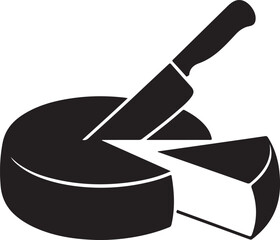 Round cheese wheel with large knife cutting a single wedge piece silhouette for dairy shop branding