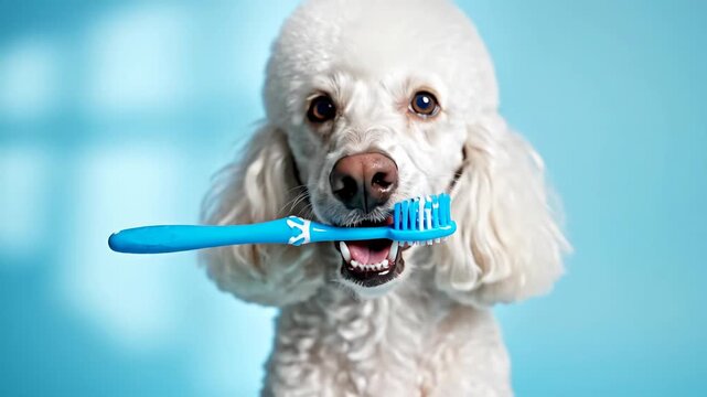 An adorable white dog with fluffy, curly fur is captured in a charming close-up, holding a vibrant blue toothbrush firmly in its mouth. The canine subject looks directly at the camera with bright, exp