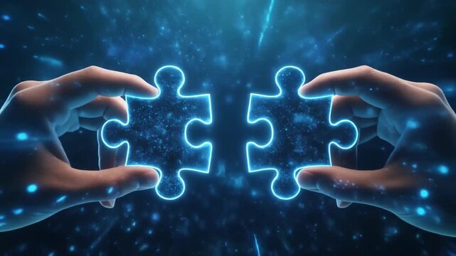 A person's hands holding two glowing blue puzzle pieces against a dark background with blue lights and a sense of connection.