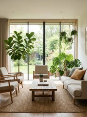 Bright Living Room with Houseplants and Garden View