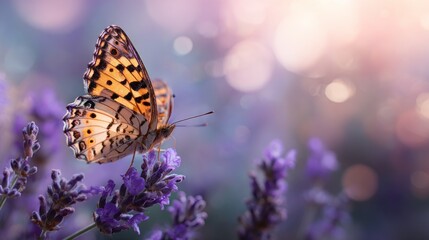 Obraz premium Butterfly on purple flowers against bokeh background nature scene