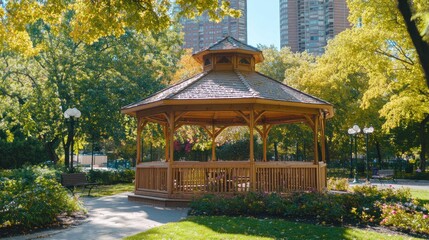 Autumn park gazebo in urban setting