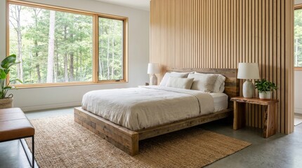 Modern Bedroom with Forest View and Wood Accents