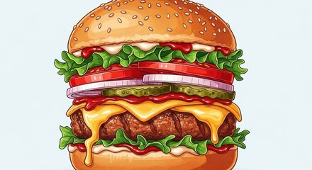 Vibrant cartoon illustration of a mouthwatering loaded burger on bright backdrop