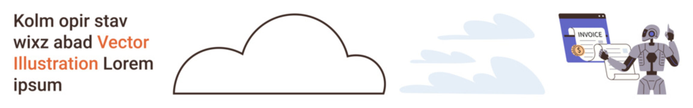 Cloud storage, AI automation, data management, futuristic technology, digital documents, billing solutions. Robot viewing an invoice with cloud graphics. Cloud storage and AI automation concept