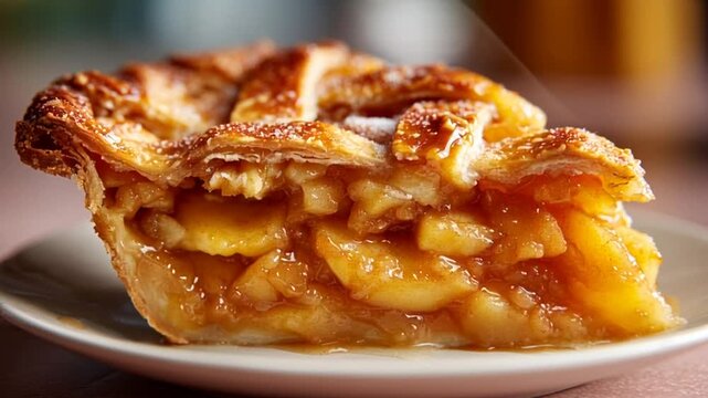 Delicious apple pie slice on a plate, golden brown crust and tender apples.