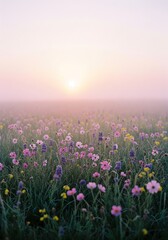 A tranquil morning scene in a vibrant meadow, where delicate cosmos flowers bloom under the soft glow of the rising sun, creating a serene and picturesque landscape