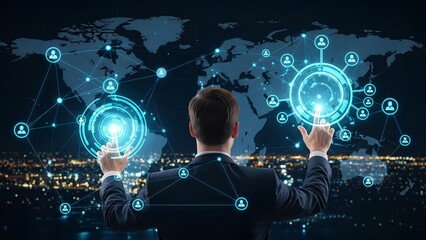 A man interacts with a futuristic global network interface at night