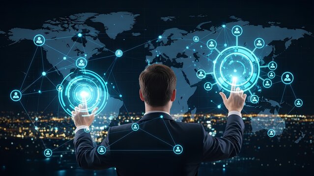 A man interacts with a futuristic global network interface at night - Powered by Adobe