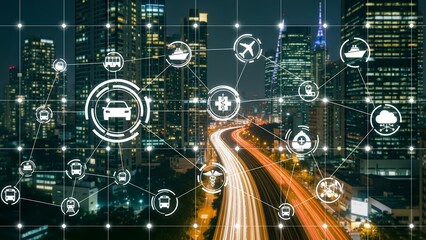 Conceptual Illustration of Smart City Transportation Network at Night, Featuring Digital Vehicle Icons and Light Trails, Highlighting Future Mobility and Integrated Urban Technology Infrastructure