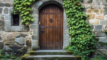 Ancient stone wall entrance with wooden door and overgrown vines
