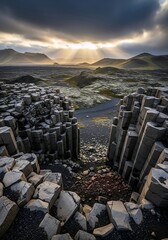 Dramatic light illuminates unique basalt columns at dawn, revealing the rugged beauty of a volcanic landscape under a captivating sky
