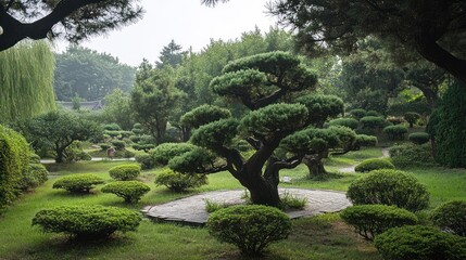 Lush bonsai garden in a tranquil park setting