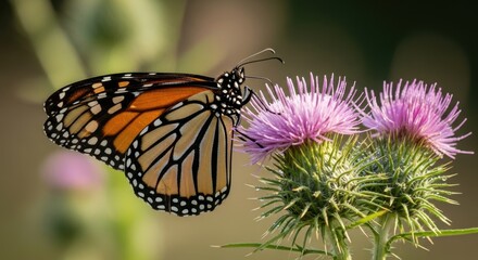 Naklejka premium Vivid monarch butterfly rests gracefully upon a vibrant thistle blossom capturing natures