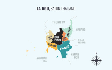 Naklejka premium Map showing La ngu District Satun Thailand divided into sub districts with minimalist colorful patterns