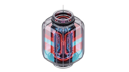 Futuristic 3d isometric chinese lantern with neon holographic and glowing led circuits